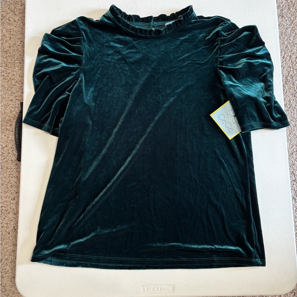 NWT CeCe Velvet Puff Sleeve Blouse - Teal sz L - Picture 3 of 11
